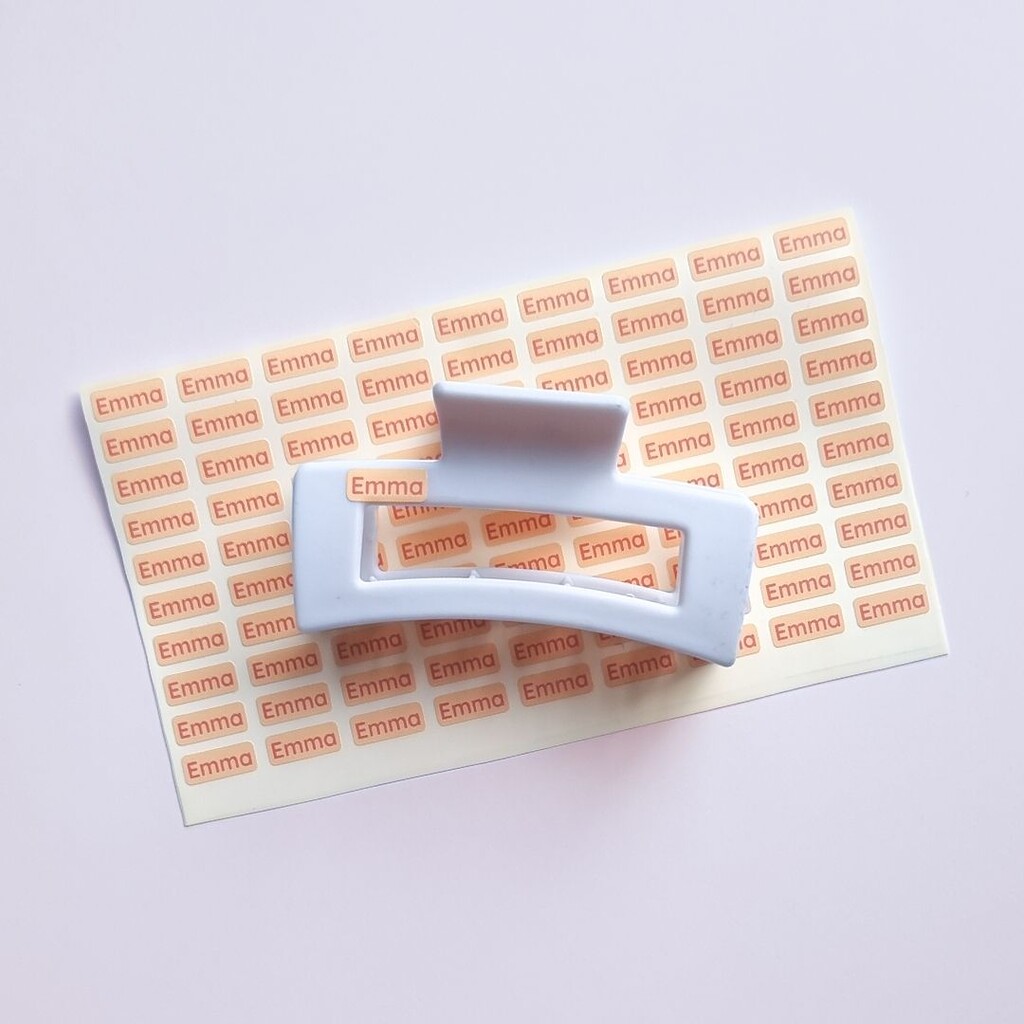 Les types d’étiquettes nominatives expliqués – laquelle devrais-tu choisir? 2 Mini étiquettes nominatives orange avec le prénom emma, placées sous et collées sur une barrette blanche