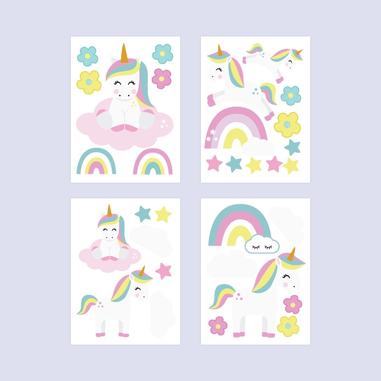 Vue d'ensemble de toutes les planches de l'ensemble stickers muraux licorne