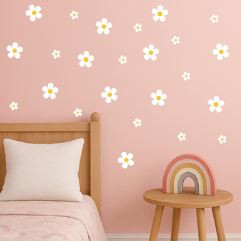 Stickers muraux Daisy blancs au-dessus du lit sur un mur rose