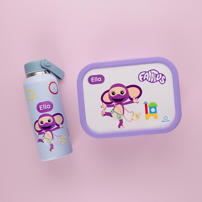 Boîte à goûter et gourde violettes avec design Fantus