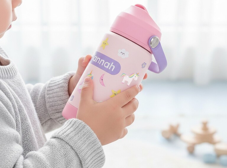 Enfant tenant une gourde personnalisée rose avec design licorne