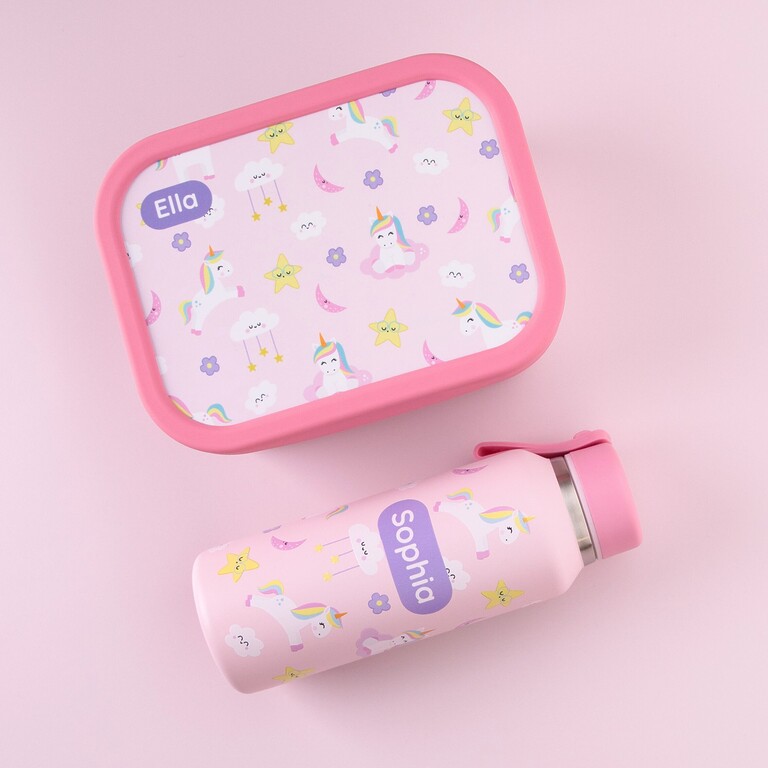 Boîte à goûter rose licorne avec gourde assortie
