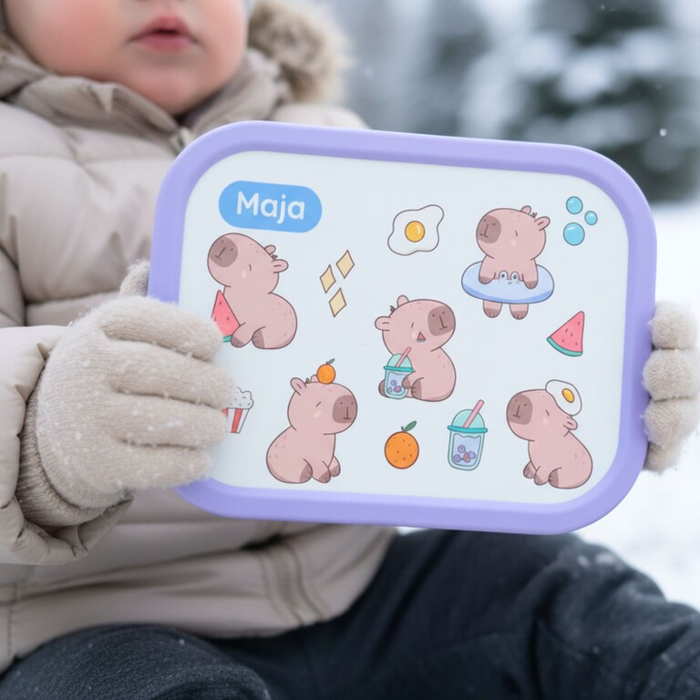 Enfant avec une boîte à goûter violette