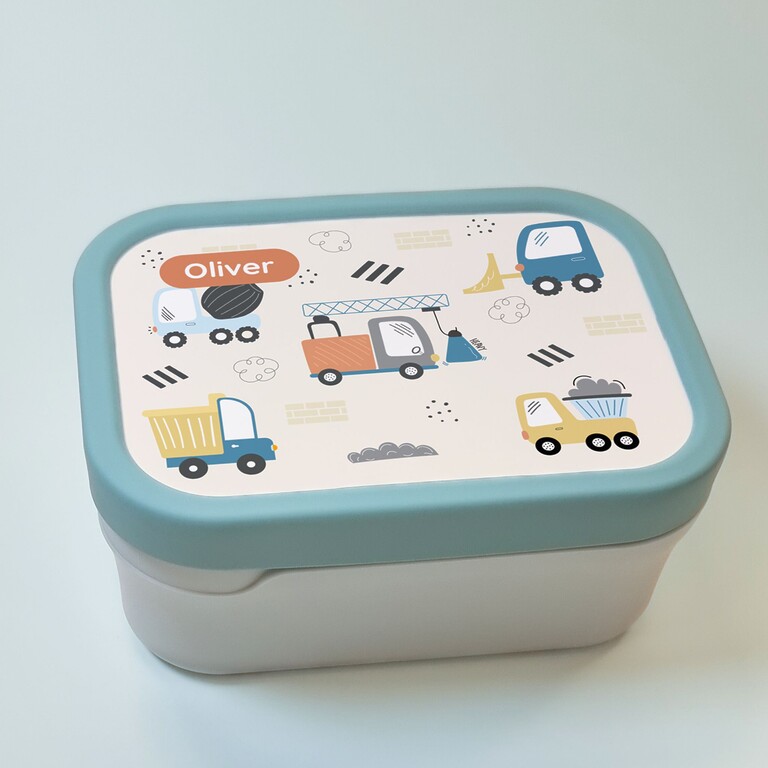 Boîte à goûter verte avec design pelleteuse et prénom
