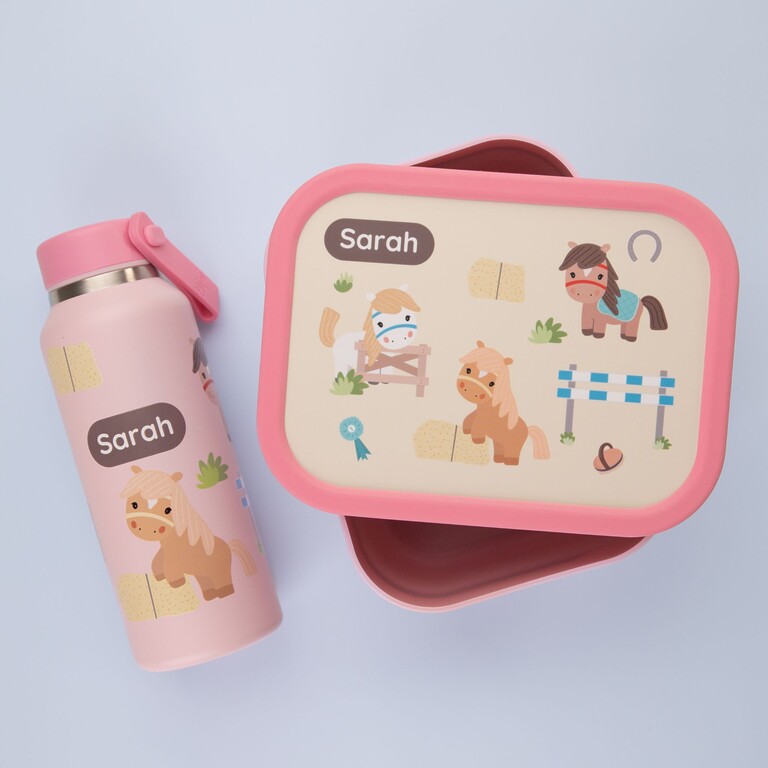 Boîte à goûter rose et gourde avec design chevaux