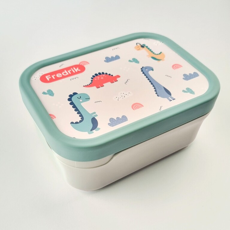 Boîte à goûter verte avec design dinosaures et prénom