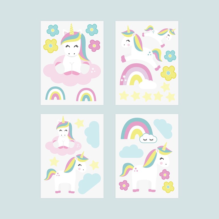 Stickers muraux licornes phosphorescents sur quatre planches