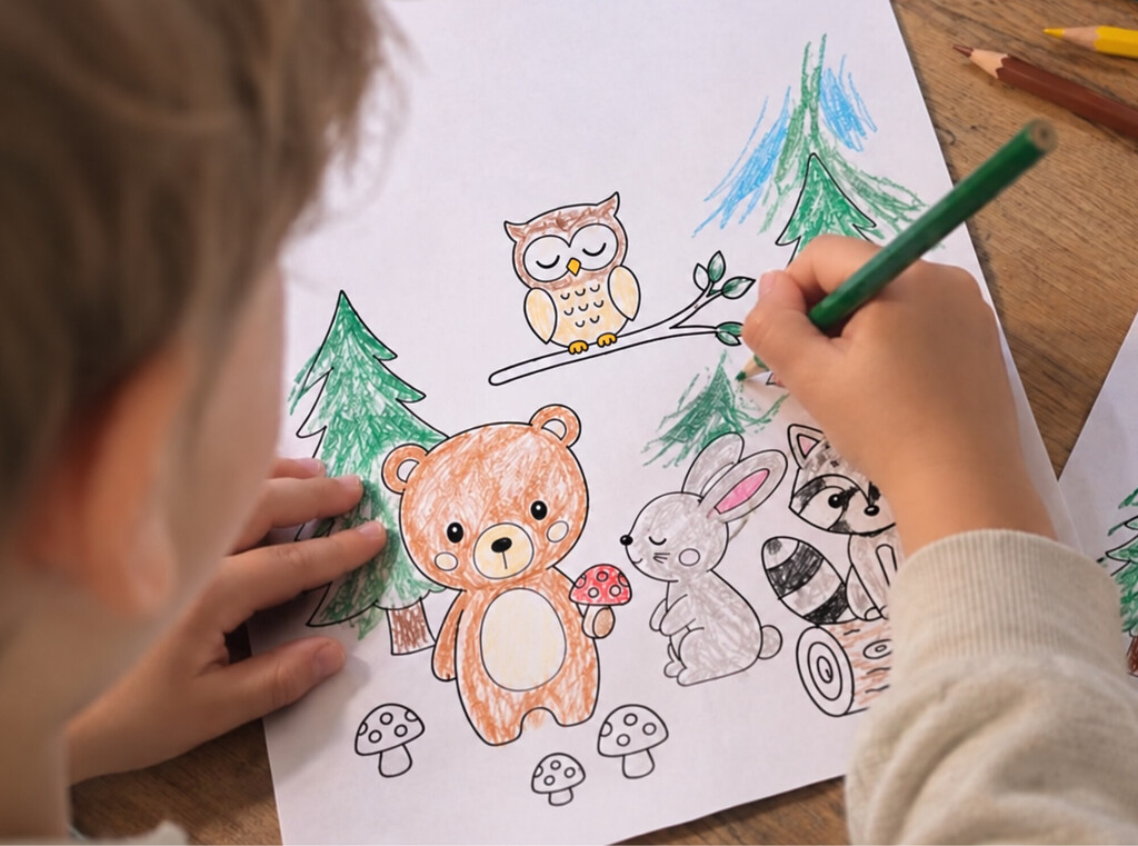 Petit garçon qui colorie des animaux de la forêt