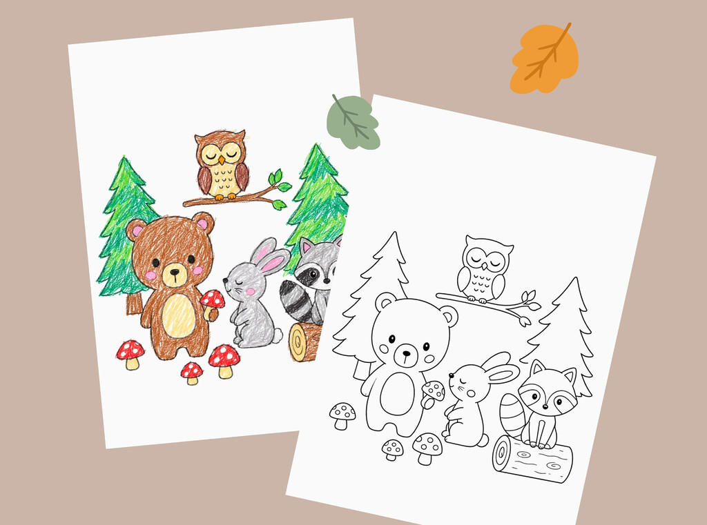 Coloriage à imprimer avec plusieurs animaux de la forêt