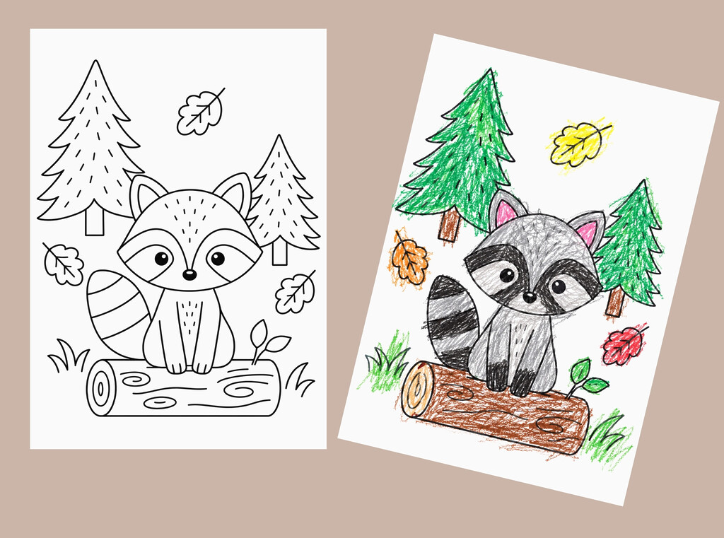 Coloriage avec un raton laveur entouré d'arbres et de feuilles