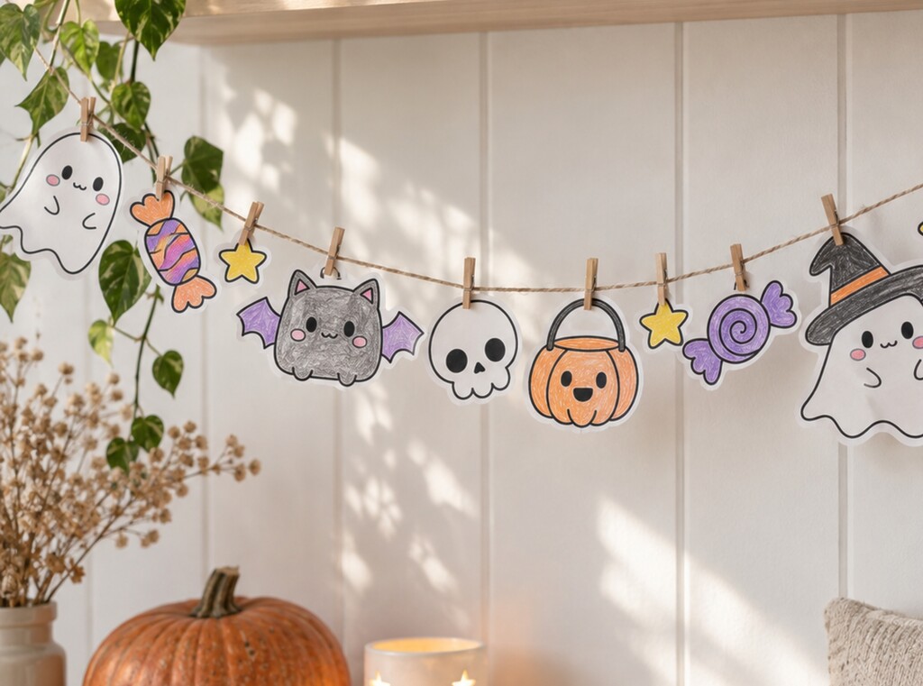 Une guirlande d’Halloween en papier faite maison, avec des fantômes, des chauves-souris et des bonbons coloriés accrochés à une ficelle