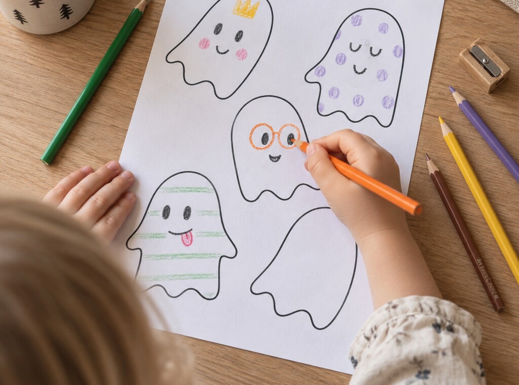 Atelier bricolage halloween pour enfants : fiches gratuites à imprimer 1 Un enfant colorie des fantômes vierges sur une fiche d’halloween à imprimer