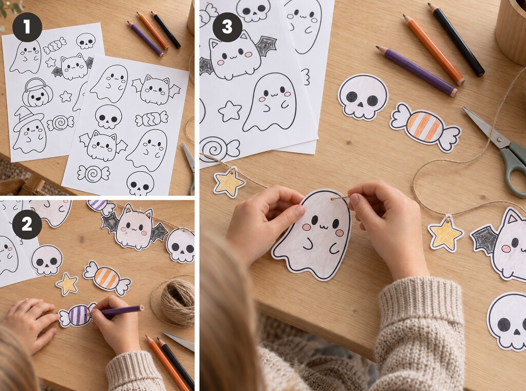 Atelier bricolage halloween pour enfants : fiches gratuites à imprimer 3 Trois photos d’un enfant qui colorie, découpe et accroche à une ficelle des fantômes, des bonbons et des chauves-souris en papier pour faire une guirlande d’halloween