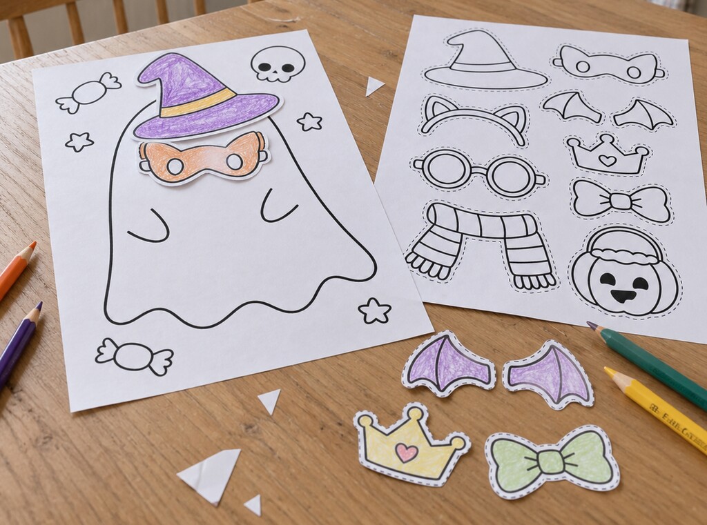 Atelier bricolage halloween pour enfants : fiches gratuites à imprimer 4 Deux fiches d’halloween à colorier et à découper : l’une avec un grand fantôme, l’autre avec des chapeaux et des accessoires à coller pour le déguiser
